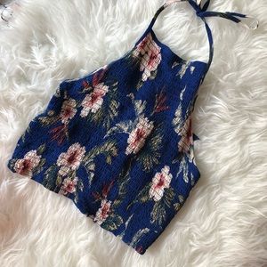 Blue Floral Cropped Halter Top